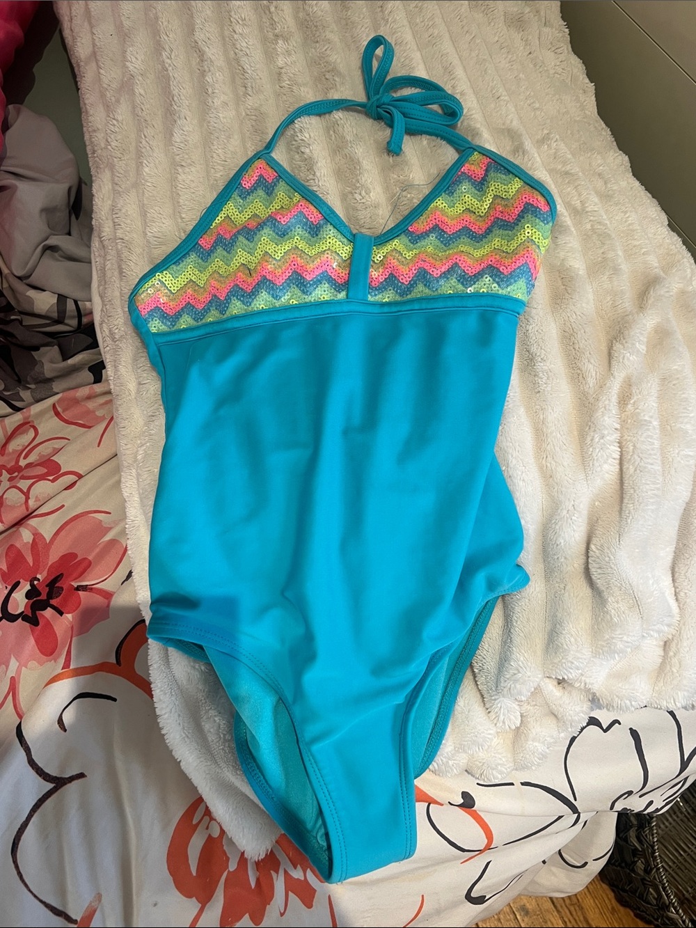 Xhilaration Girls Turquoise One-Piece Swimsuit with Multicolor Chevron Top